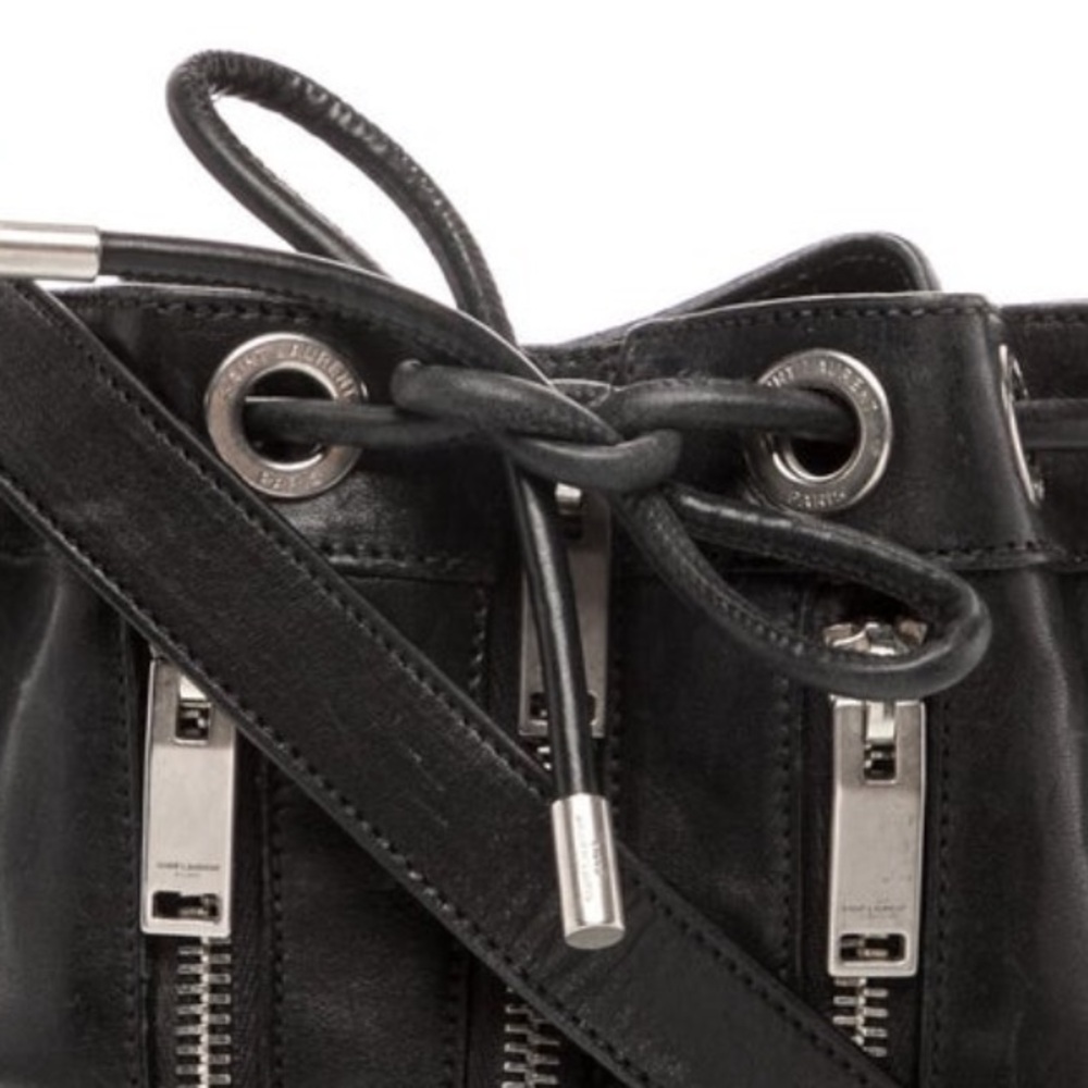YSL Black Leather Bucket Bag Silver Belt Whimsigoth Crossbody Shoulder Goth EC - Picture 5 of 9